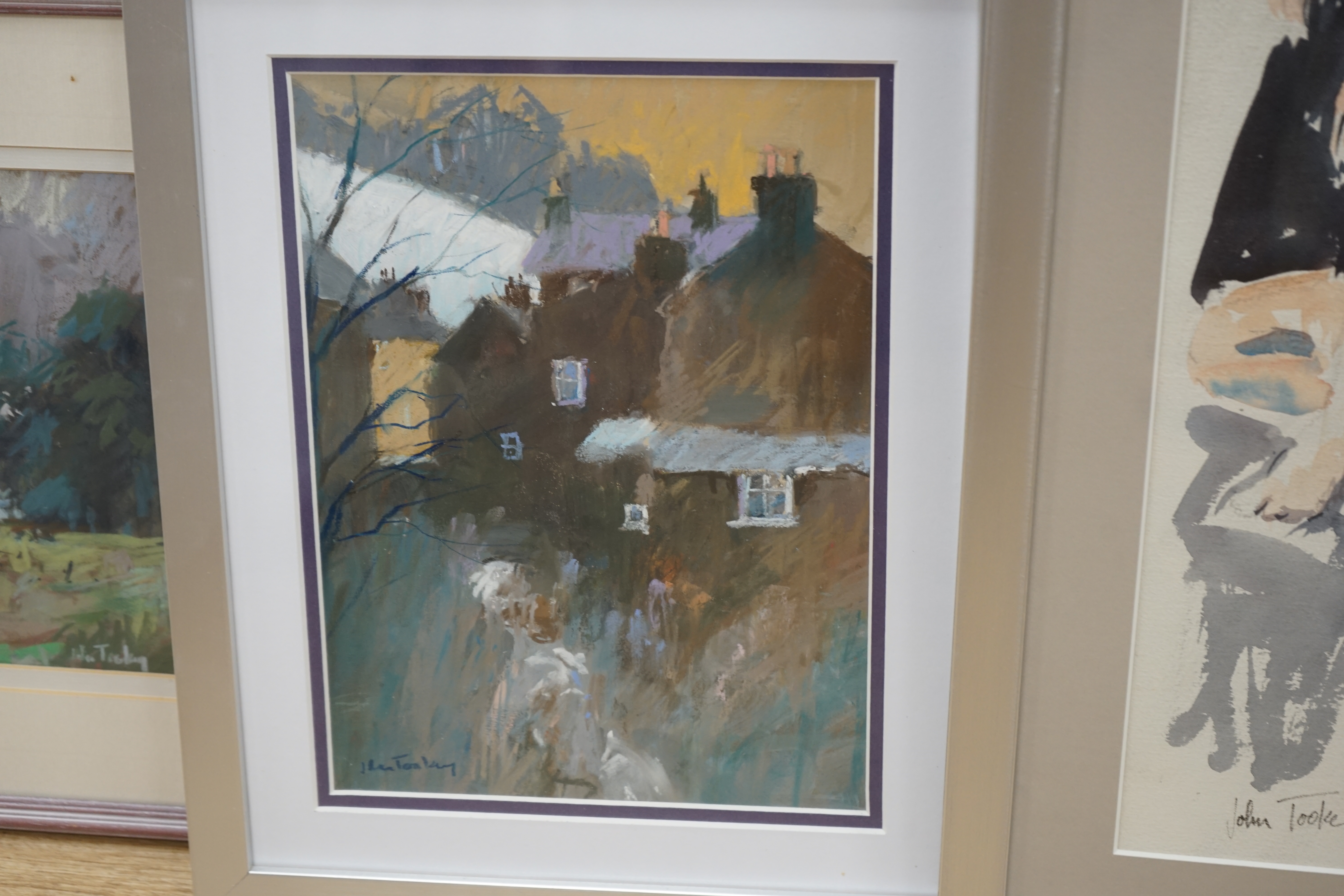 John Tookey (b.1947), two pastels, Landscapes, and a watercolour, Nude woman, each signed, 49 x 34cm. Condition - fair to good